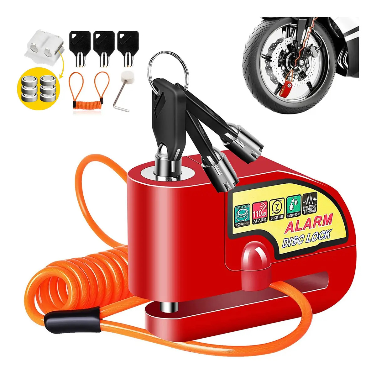 Candado Disco Con 3 Llaves REXQualis 110db Sonido Alarma Impermeable Moto Bicicleta Bloqueo Impermeable Freno Disco Candado Color Rojo