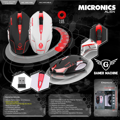 Mouse Gamer Inalambrico 1600dpi Blanco Micronics M834wl