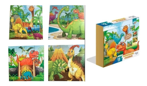 Caja 4 Rompecabezas Madera Dinosaurios Pack 4 Puzzles 12pcs