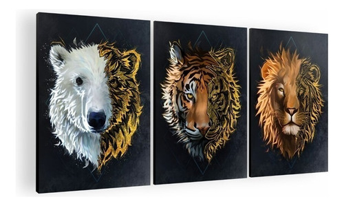 Cuadro Decorativo Mural Triptico Animals 90x42 Mdf Color N/a