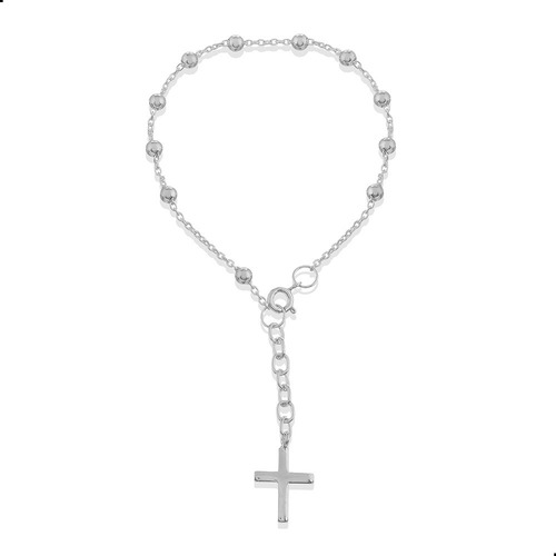 Pulseira Terço Cruz E Bolinhas Prata 925, 21cm 41901411 