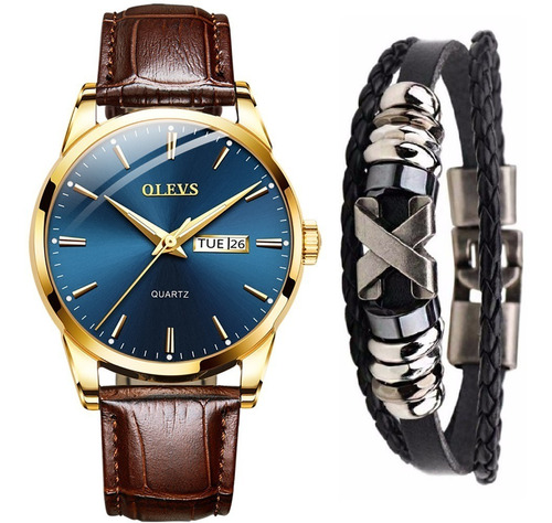 Relógio Masculino Dourado Social De Luxo + Pulseira Metálica Cor da correia Marrom Cor do fundo Azul