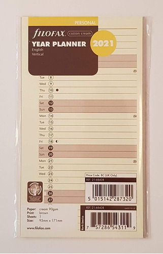 Inserto De Calendario Filofax Planificador Anual Personal Al