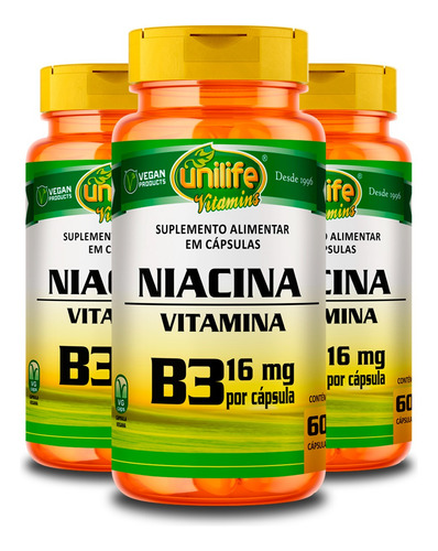 Kit 3 Vitamina B3 Niacina 60 Cápsulas Unilife