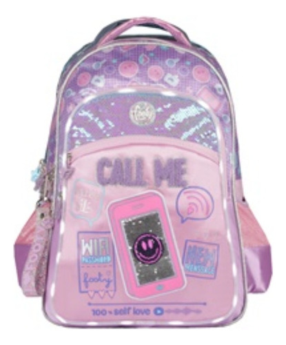 Mochila Escolar Call Me Espalda 18puLG Footy F2143 Con Luz Color Violeta