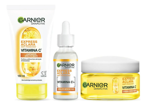 Kit Garnier Express Aclara Rutina Anti Manchas con Vitamina C, Gel Limpiador, Sérum Facial y Crema Hidratante FPS30, Hidrata, Ilumina y Unifica el Tono de la Piel
