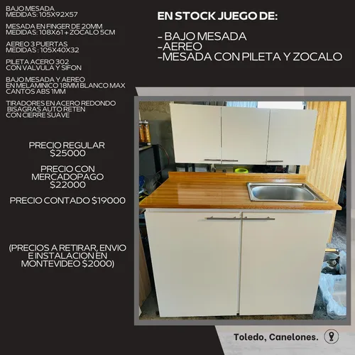 Bajo Mesada + Aereo + Mesada + Pileta En Melaminico 18mm Blanco