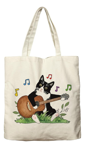 Bolsa Lona Con Diseño Gato Con Musica Para Mujeres Estetica