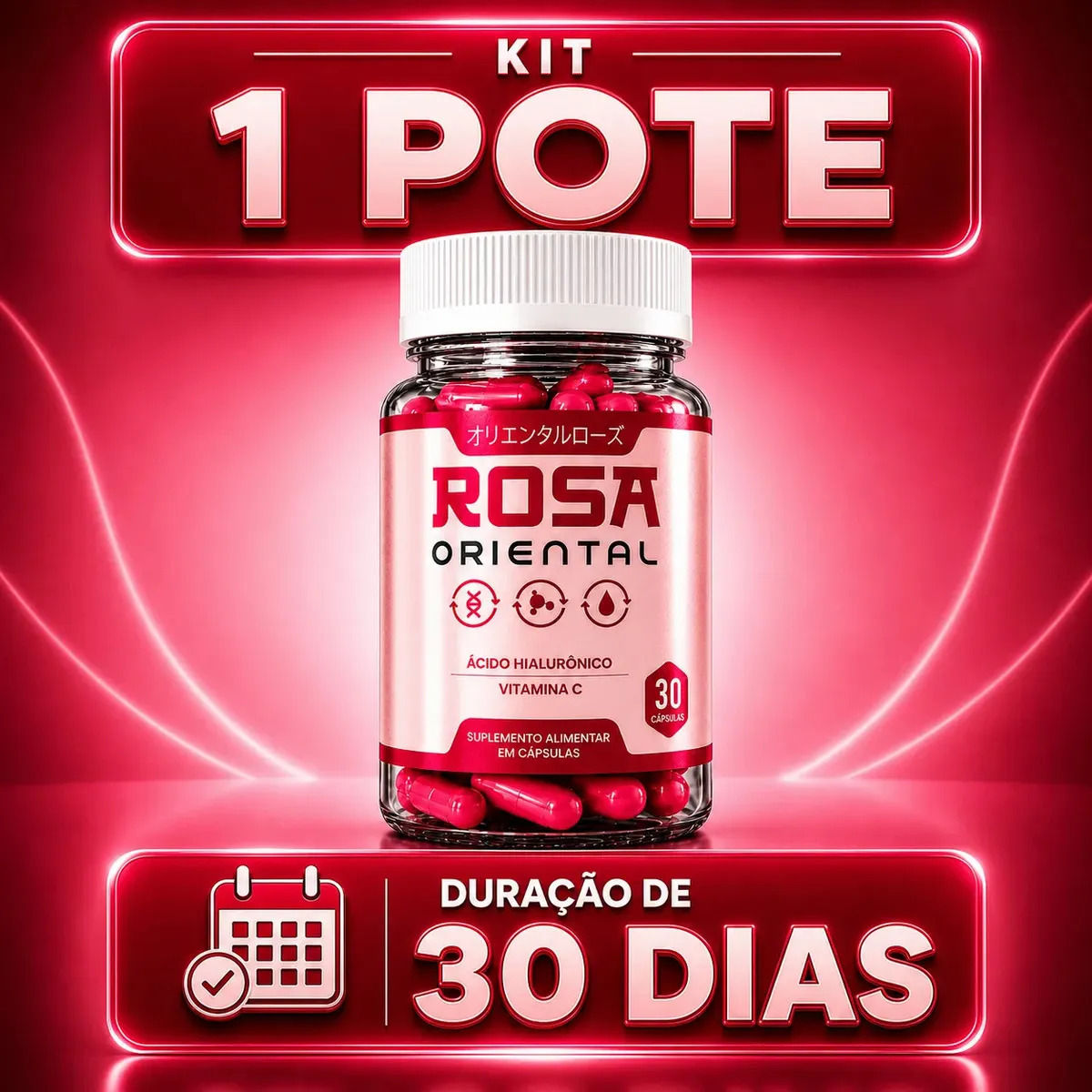 Rosa Oriental - 1 Pote, 30 Cápsulas - Saúde, Beleza e Pele Jovem - Suplemento Alimentar - Ácido Hialurônico Concentrado, Colágeno Natural