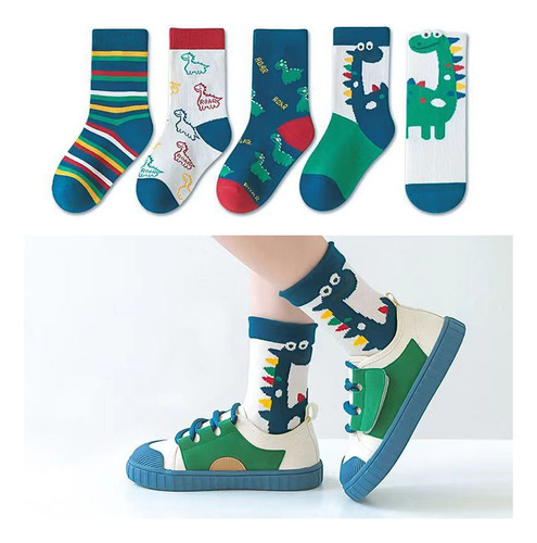 Calcetines Con Estampado De Dinosaurios Para Niños, 5 Pares