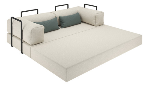 Colchão Casal 192cm Vira Sofá-cama 2 Lugares Bouclê Nude/bege Com Estrutura Metálica Estilo Nórdico Industrial Mod: Buble Caixa