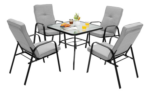 Bhukf 5pcs Patio Dining Set 4 Stackable Chairs Cushioned Sq.