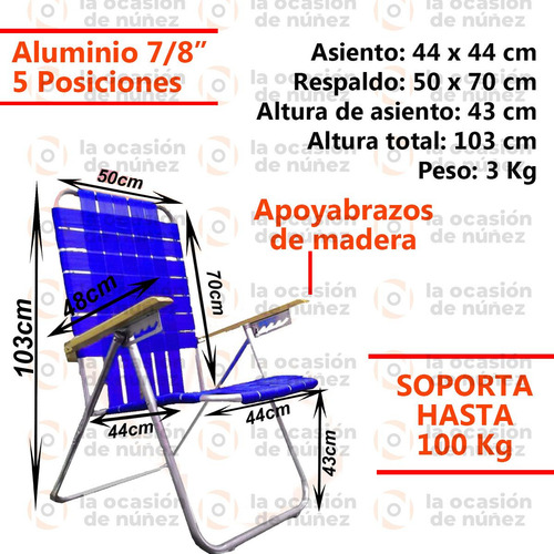 Reposera Aluminio 5 Posiciones Apoyabrazo Madera Playa X 2
