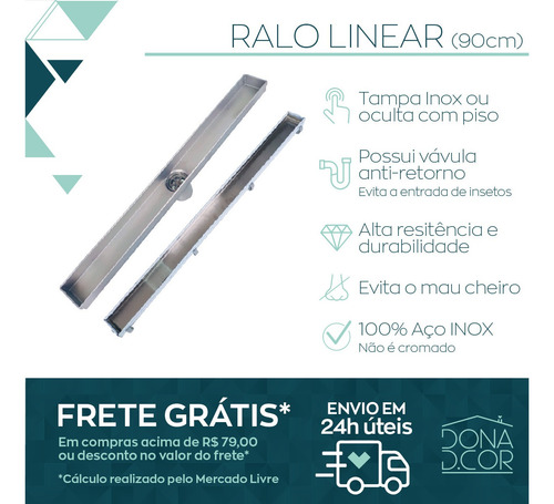 5 Ralo Linear Inox Invisivel Oculto 90 Cm Nao É Pvc Kit 5 Un