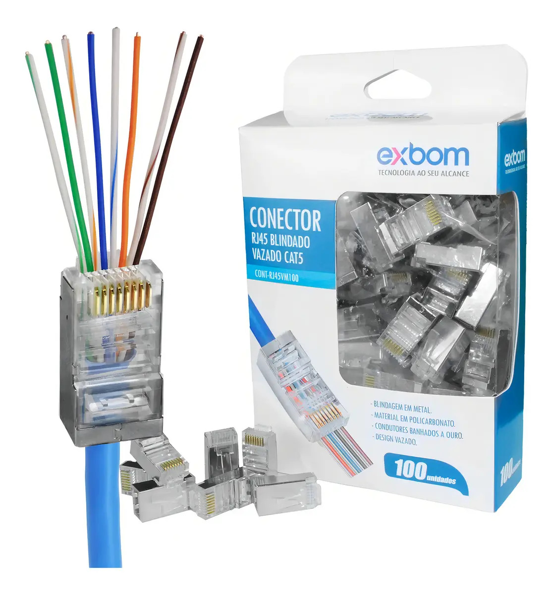 Conector Blindado Rj45 Macho Cat6/cat5e De Rede Vazado 100un
