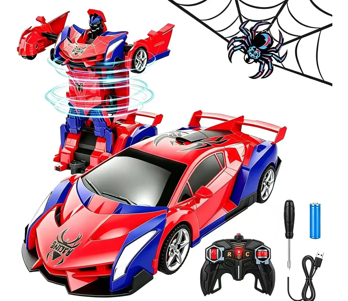 GzkxkjCoche teledirigido transformable de Spider-Man, juguete robot transformable giratorio en dos colores (rojo y azul), recargable, ideal como regalo de cumpleaños para niños y n