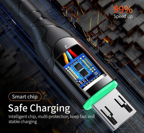 Imagen 3 de 4 de Cable Cargador Micro Usb / Led 3 A / 2 Metro / Essager / Neg