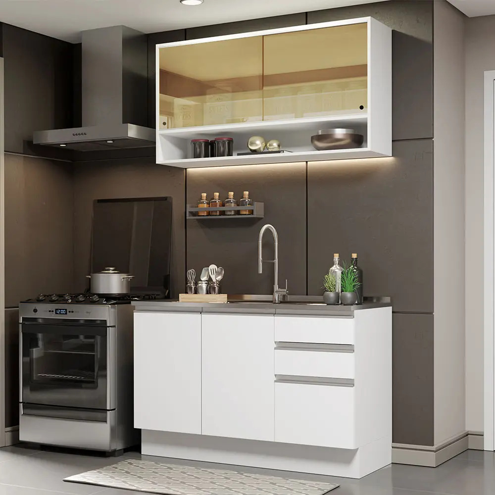 Combo Alacena + Bajo Mesada + Bacha Madesa Glamy 120cm Blanc - Blanco