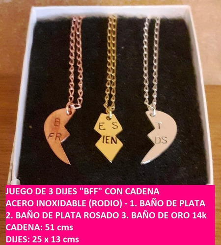 Set 3 Dijes Cadena Corazón Bff Rodio Baño Oro 14k Y Plata