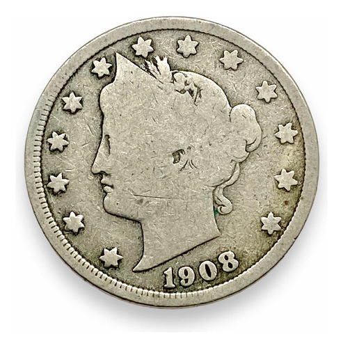 Moneda Liberty Nickel V Cents 5 Centavos Usa Año 1908 (Usado)