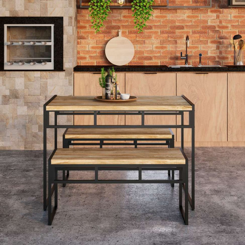 Conjunto De Mesa De Jantar Com 2 Bancos Wooden Carvalho E...