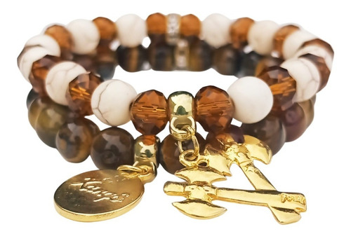 Mix 2 Pulseiras Xangô Cristal Howlita Olho De Tigre Natural Cor Marrom Diâmetro 16 cm