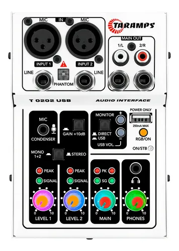 Interface de Áudio Taramps T0202 USB de 2 Canais Branca com LED