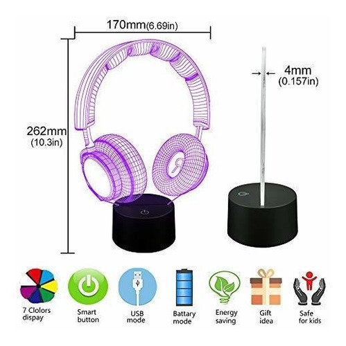 Lampara De Ilusion Diseño De Audifonos 3d Luz Led 7 Colores