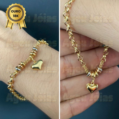 Pulseira Portuguesa Ouro 18k Com Pingente Coração Berloque