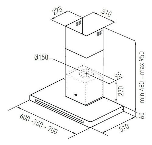 Campana Extractor De Cocina Tst Diamante Acero Inox. De Pared 600mm X 60mm X 510mm 220v