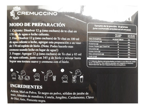 Imagen 3 de 5 de Te Chai 120gr Caliente Frio Frozen Frappe Cremuccino Polvo