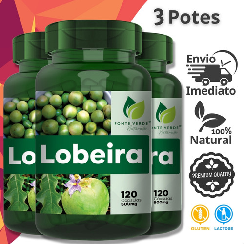 3 Potes Lobeira 100% Natural Kit 360 Cáps Fonte Verde