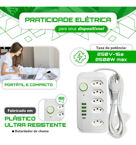 Extensão Prime Cabo 5 Tomadas 4 Usb + Tipo C
