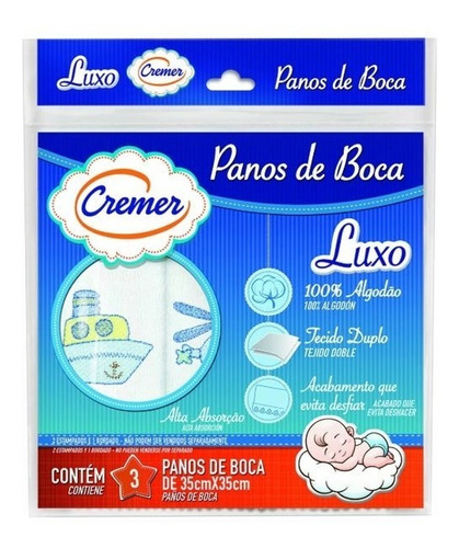 Pano De Boca Cremer Menino Luxo Bordado C/3 Und