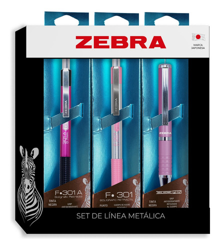 Set De 3 Bolígrafos Metálicos De Acero Inoxidable Zebra Tinta Negro