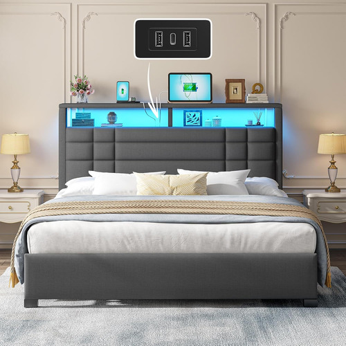 Base De Cama Matromial Con Estacion De Carga Y Luz Led Gris Gris