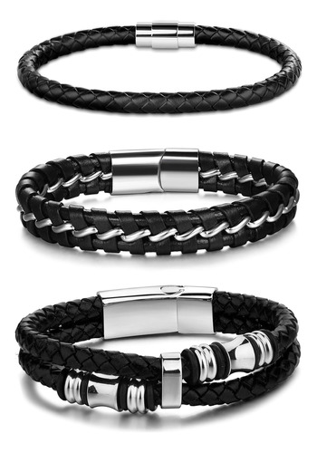 Jstyle, 3 Uds., Pulsera De Cuero Trenzado De Acero Inoxidabl