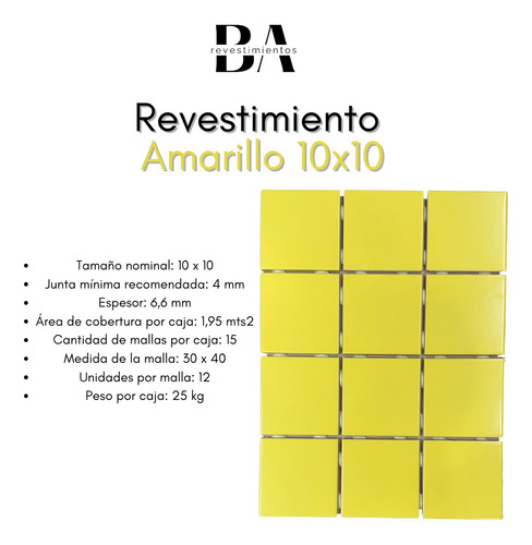Azulejo 10x10 Ceramica Revestimiento En Malla Cocina Baño Amarillo Mate