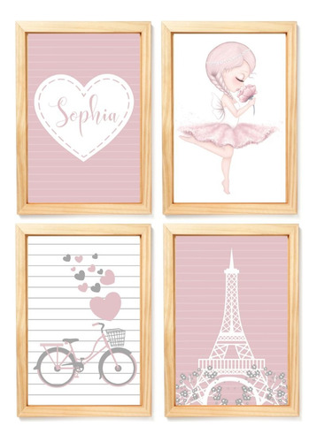 Kit Com 4 Quadros Decorativos Paris Bailarina