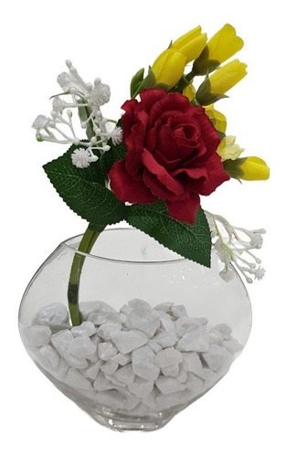 Arranjo De Flores Artificiais Com Rosa Em Vaso De Vidro