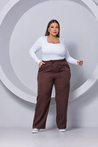 Calça Plus Size Pantalona Wide Leg Feminina C/ Bolso Cargo