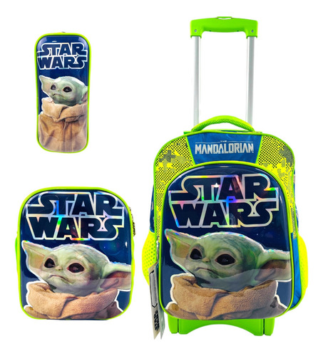 Mochila De Carrito, Lonchera Y Lapicera Baby Yoda, Star Wars, Grogu Primaria Original Ruz