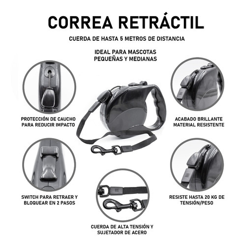 Coleira retrátil para cães de 5 m para animais de estimação médios, máx. 20 kg
