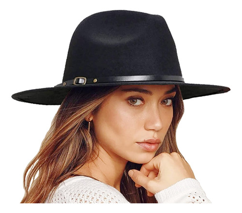 Sombrero Fedora Ala Ancha Lana Mujer Con Hebilla Cinturón Y