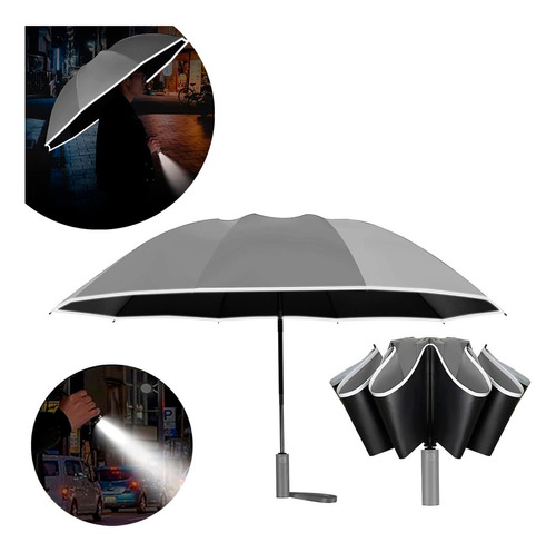 Paraguas Automatico Reversible Sombrilla Retractil Linterna Color Gris Diseño De La Tela Liso