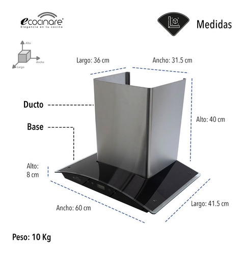 Imagen 2 de 8 de Campana De Cocina 60cm Para Pared, Acero Inoxidable