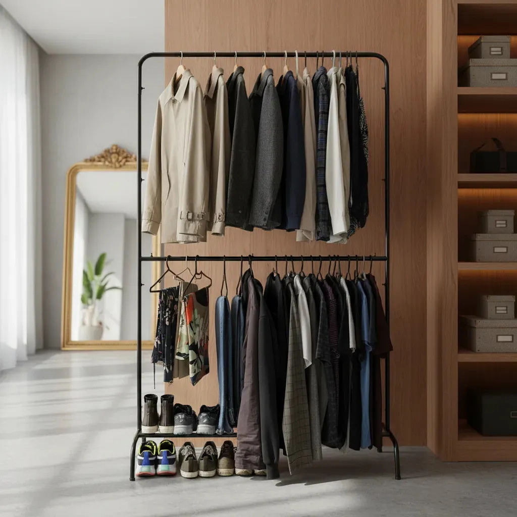 Arara De Roupas Cabideiro Duplo De Aço Reforçado Com Dois Varões, Grande Com 1,25 De Largura E 1,87 De Altura.