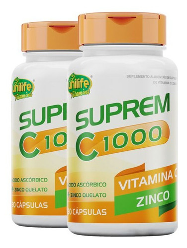Kit 2 Suprem C 1000 Vitamina C + Zinco Unilife 30 Cápsulas Sabor Sem sabor