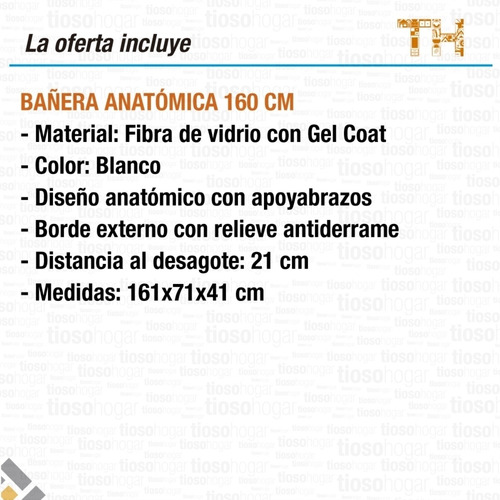 Bañera Anatomica Fibra 160x70 Apoyabrazo Blanco Antiderrame