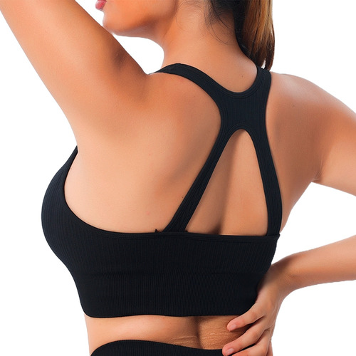 Ropa De Deporte Fitness Crop Top Deportivo Soporte En Escote Negro Rayas S/m